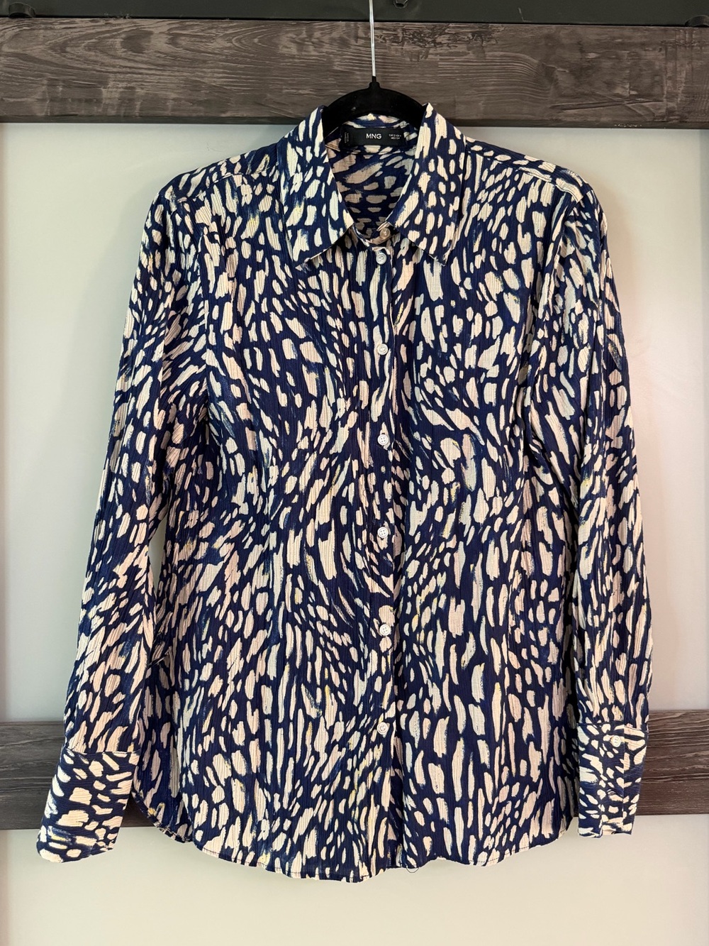 Mango Navy and Cream Abstract Print Button-Down Shirt
